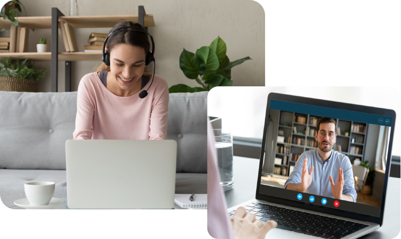 Frau nimmt an Online-Seminar per Laptop teil